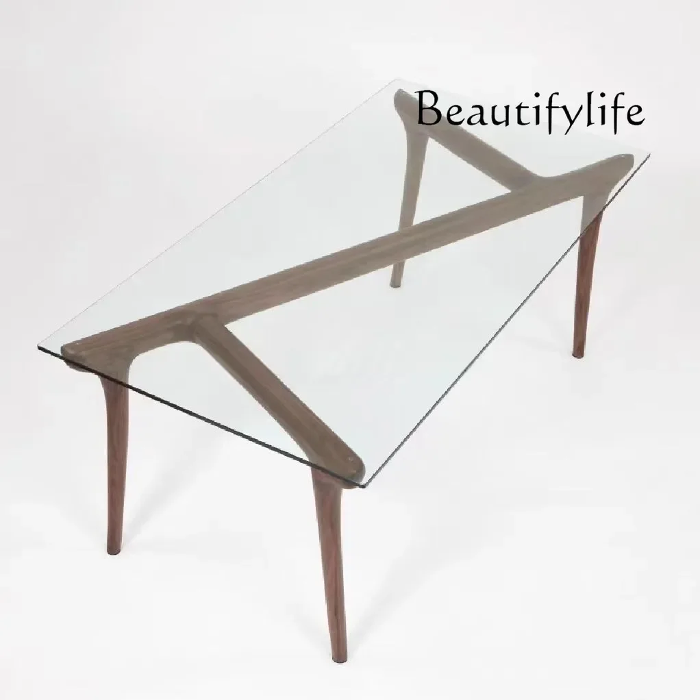 Y Black Walnut Log Dining Table Modern Retro New Chinese Style Simple Creative Solid Wood Tempered Glass Countertop