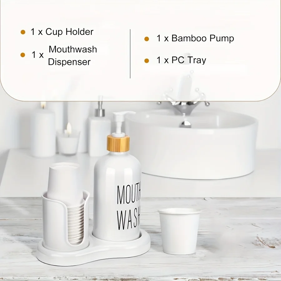 3pcs Bathroom Mouthwash Dispenser with Cup Holder,16 OZ Bottle with Pump Head,Paper Cup Holder,Mouthwash Cups ,Refillable