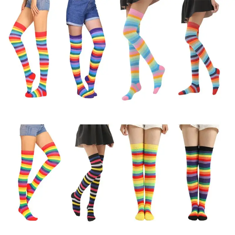 Chaussettes fantaisie à rayures colorées arc-en-ciel pour femmes filles, longues au dessus du genou, Halloween Cospla,