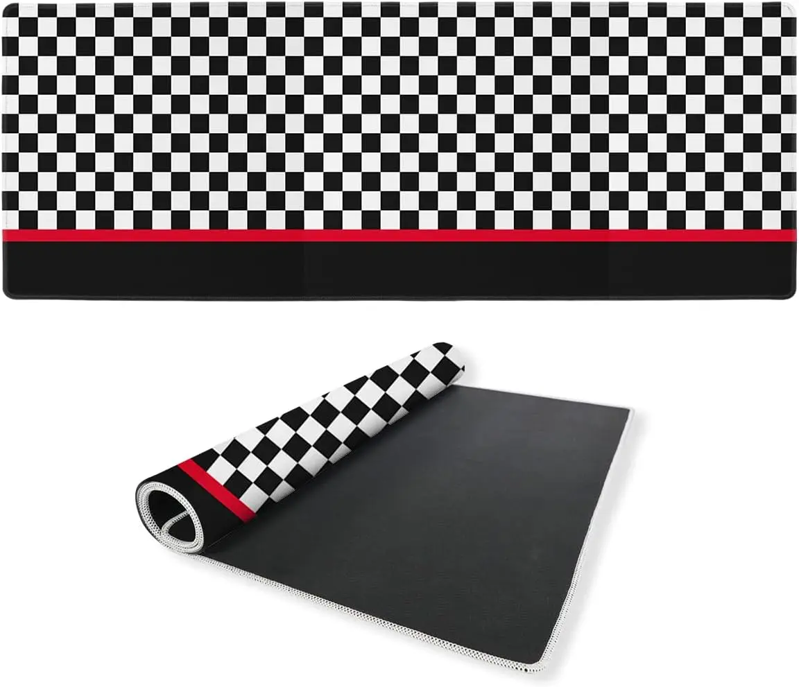 Racing Checkerboard Desk Mat, Black White Red Stripe Large Gaming Mouse Pad, Non-Slip Keyboard Pad for Gamer Home Office Decor