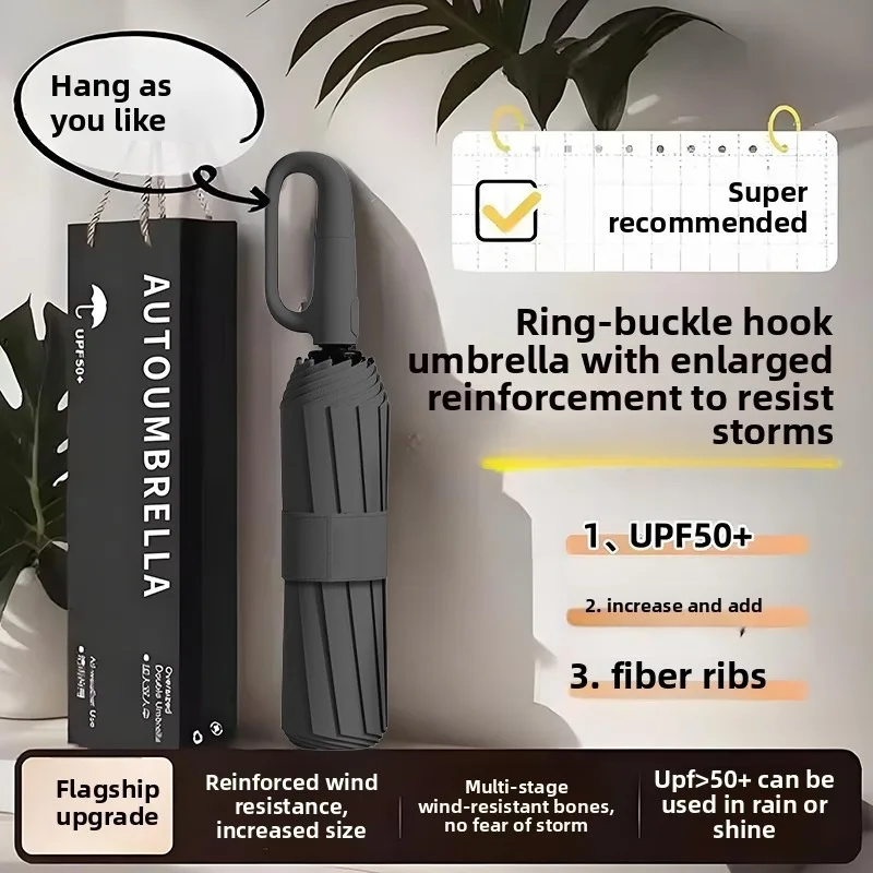 

Automatic Opening and Closing Umbrella Large Size Unisex Windproof Reverse Folding Car Umbrella with Hook Unisex