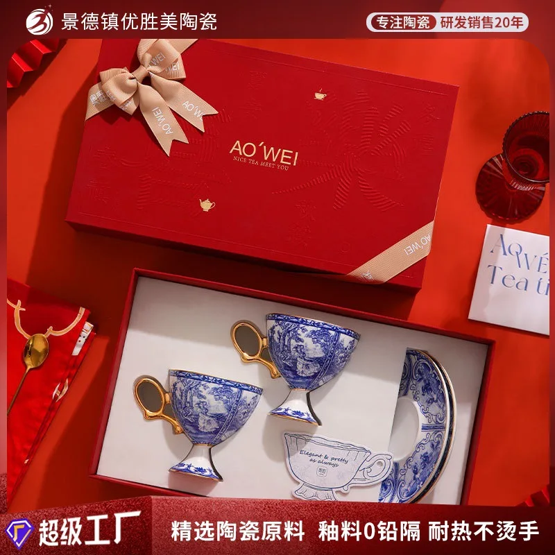 Wedding housewarming gift ceramic blue and white gold-painted coffee cup and saucer