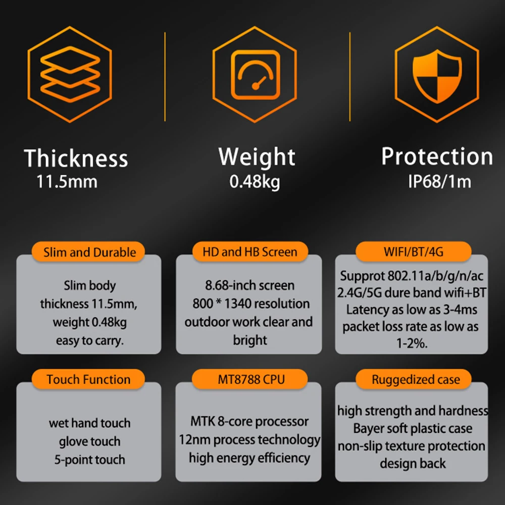 كمبيوتر لوحي رفيع للغاية مقاوم للماء والصدمات ، أندرويد ، MT8788 ثماني النواة ، ذاكرة رام 6 جيجابايت ، جيجابايت ، 4G LTE ، GPS ، in ، IP68 ،