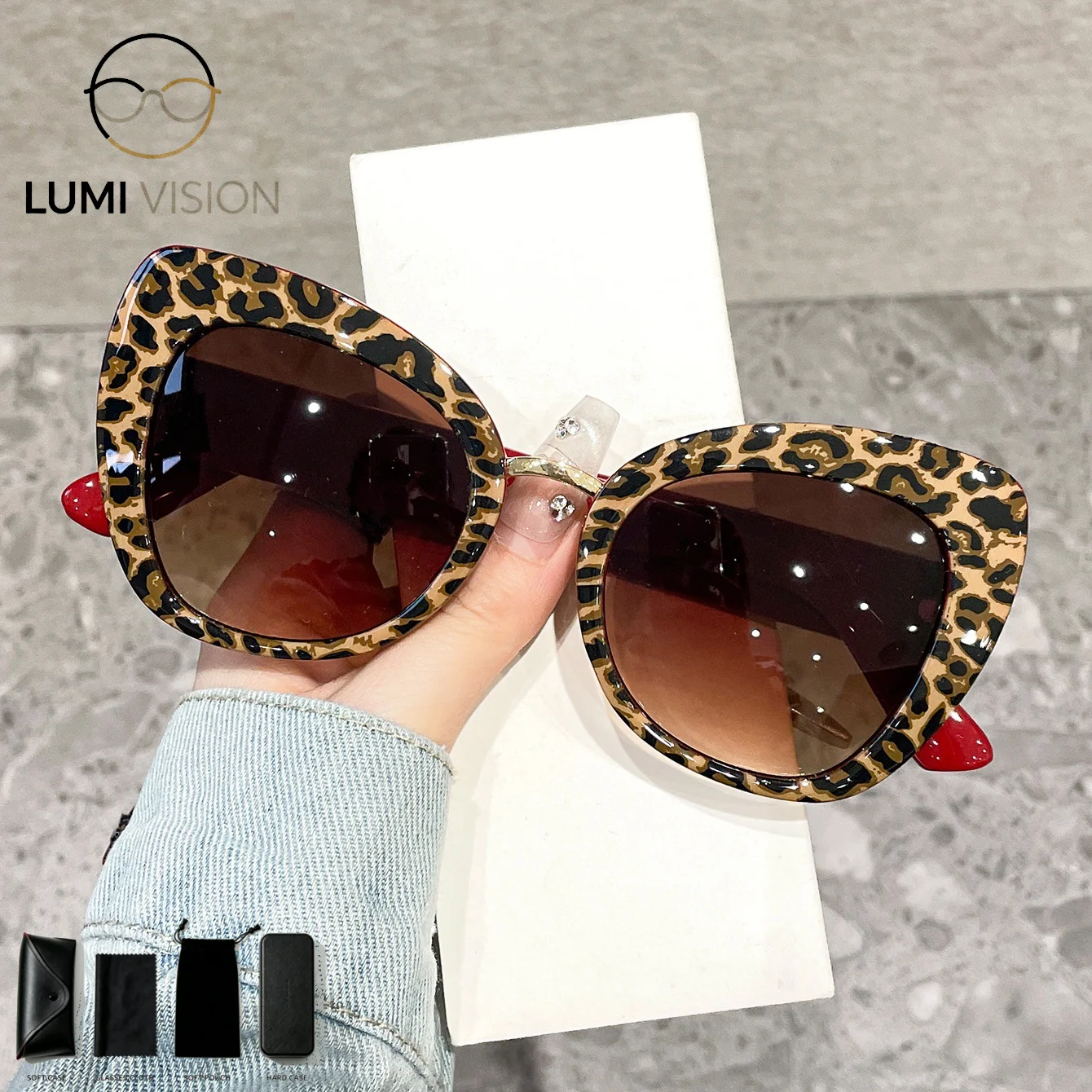 Fashion cat-eye large-frame square trendy sunglasses with unique style and versatile appeal for street photography.