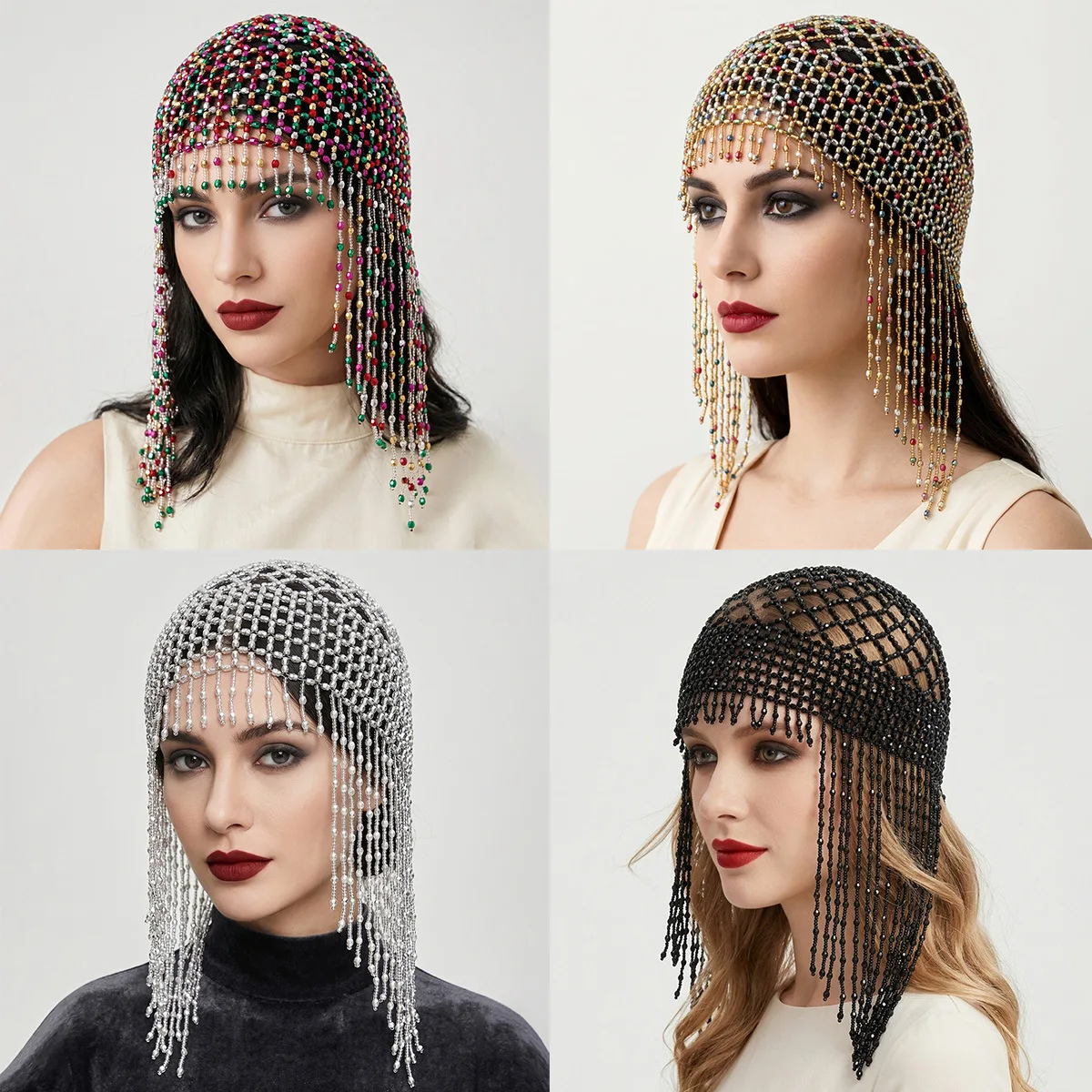 Retro Colorful Beaded Tassel Hair Chain Handmade Woven Mesh Hair Cap Bridal Gown Hollow Out Decorative Hair Accessories