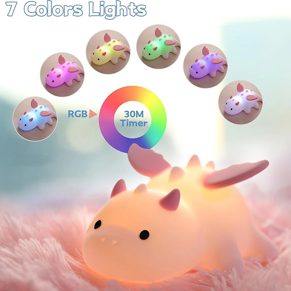 Cute Baby Dragon Night Light For Kids Soft Silicone Nursery Sleeping Lamp 3 Level Dimmable Changing Rechargeable Beside Lamp