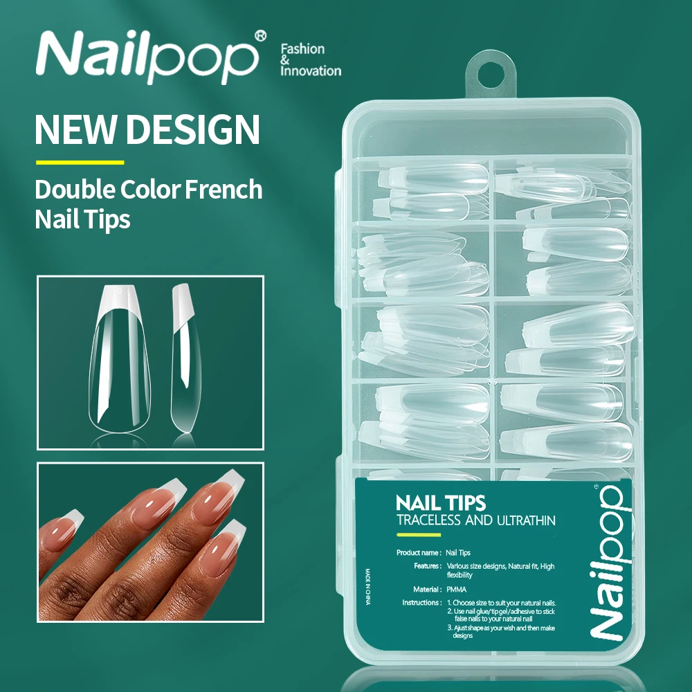 Nailpop 프렌치 팁 프레스 네일, 화이트 핑크 관 가짜 네일 팁, 풀 커버 소프트 젤 팁, 네일 익스텐션 홈 DIY 살롱