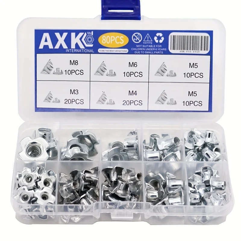 80Pcs M3-M8 Tee Nuts, Carbon Steel Zinc Plated, Pronged Blind Nuts for Furniture and Speaker Hardware
