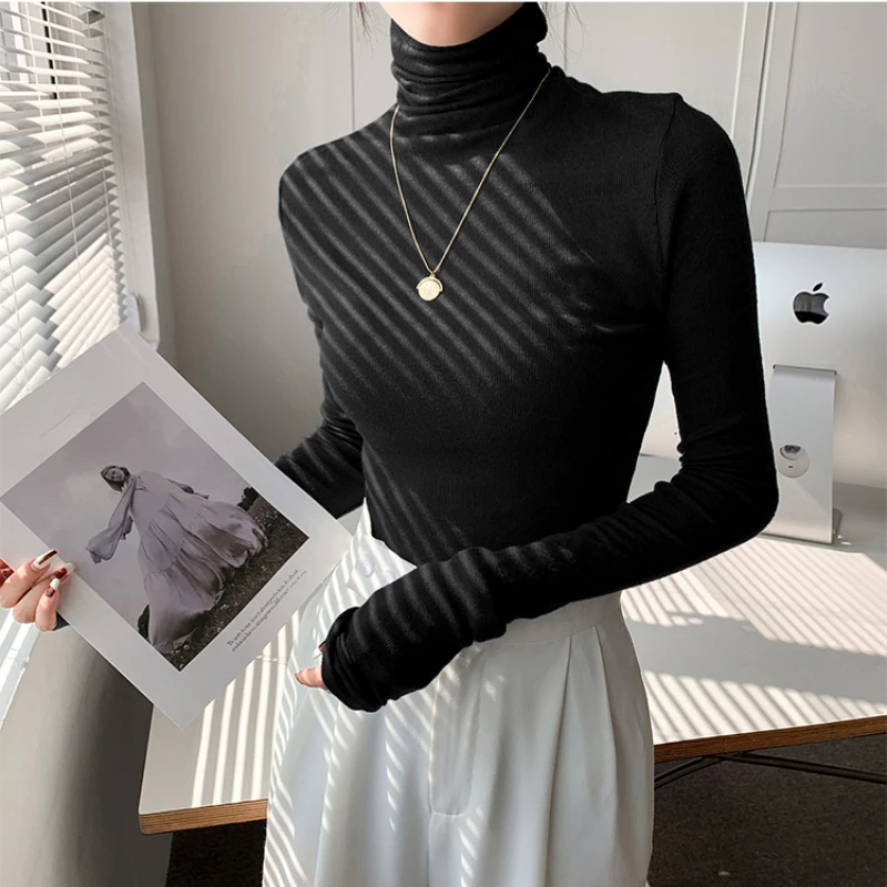 Turtleneck Long Sleeve Women T-shirts 2022 Autumn Winter Basic Base Shirt Woman Casual Slim Tee Shirts Female Tops