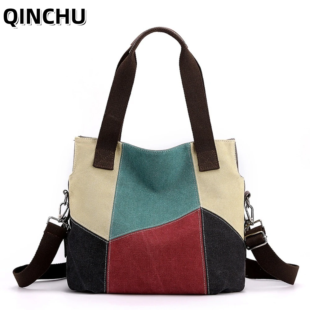 

QINCHU Простая и стильная женская сумка из холщовой ткани, большая вместительная сумка в стиле ретро с контрастными цветами, новая сумка через плечо.