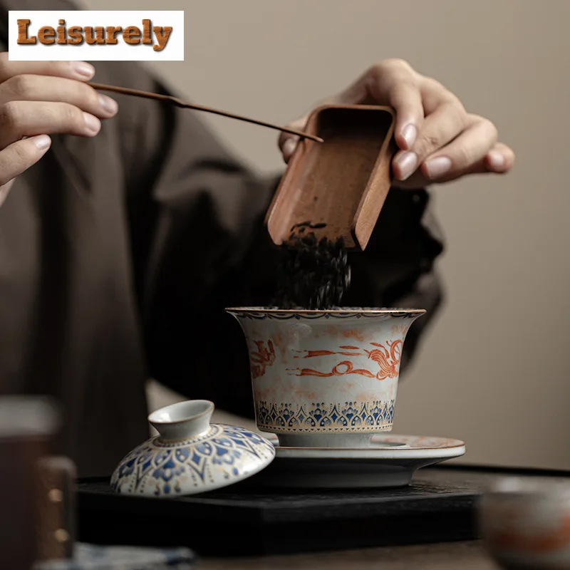 170ml Imitation Song Ru Kiln Gaiwan Traditional Dunhuang Apsaras Horseshoe Tea Tureen Tea Making Cover Bowl Teaware Craft Gifts