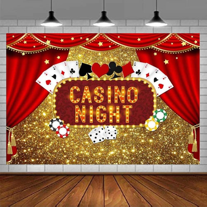 

Casino Night Poker Dice Red Curtains Photography Backdrop Las Vegas Gold Glitter Bokeh Photo Background Birthday Party Banner