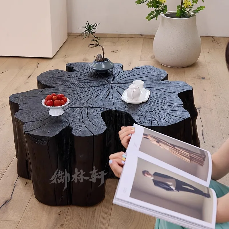 Wabi-Sabi Style Log Tea Table Light Luxury Retro Living Room Furniture Decoration Carbonized Black Solid Wood Round Side Table