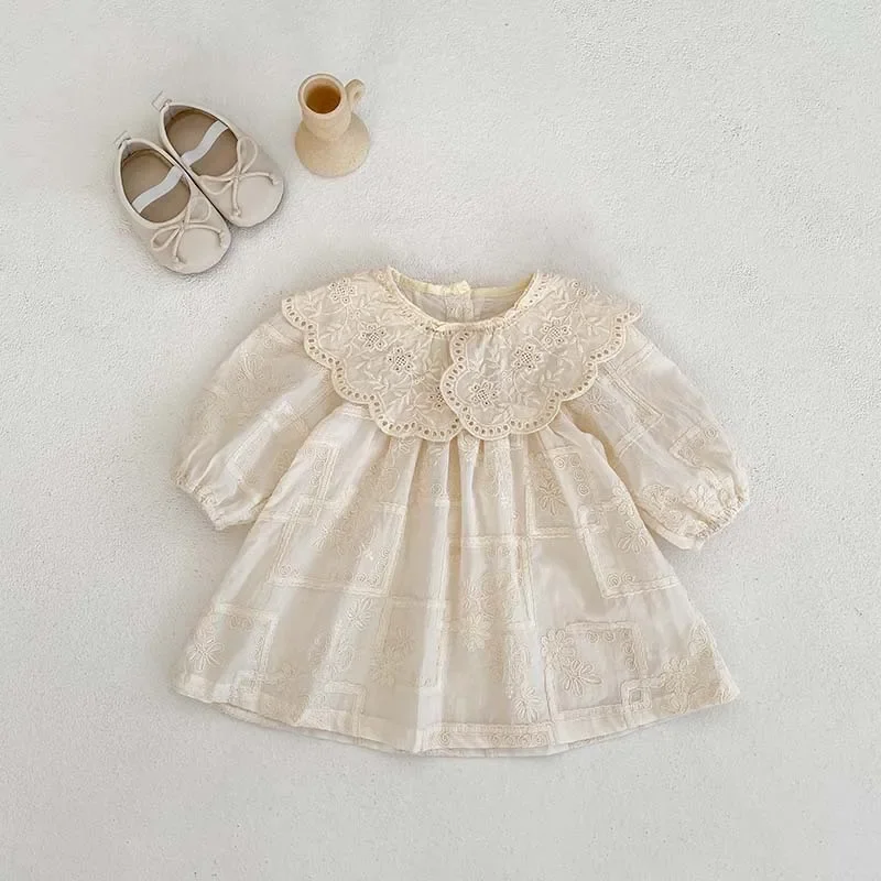 MILANCEL Autumn 2024 Baby Girls Clothes Sister Dress Embroidered Long Sleeve Infant Bodysuit Big Turn Down Collar Princess Dress