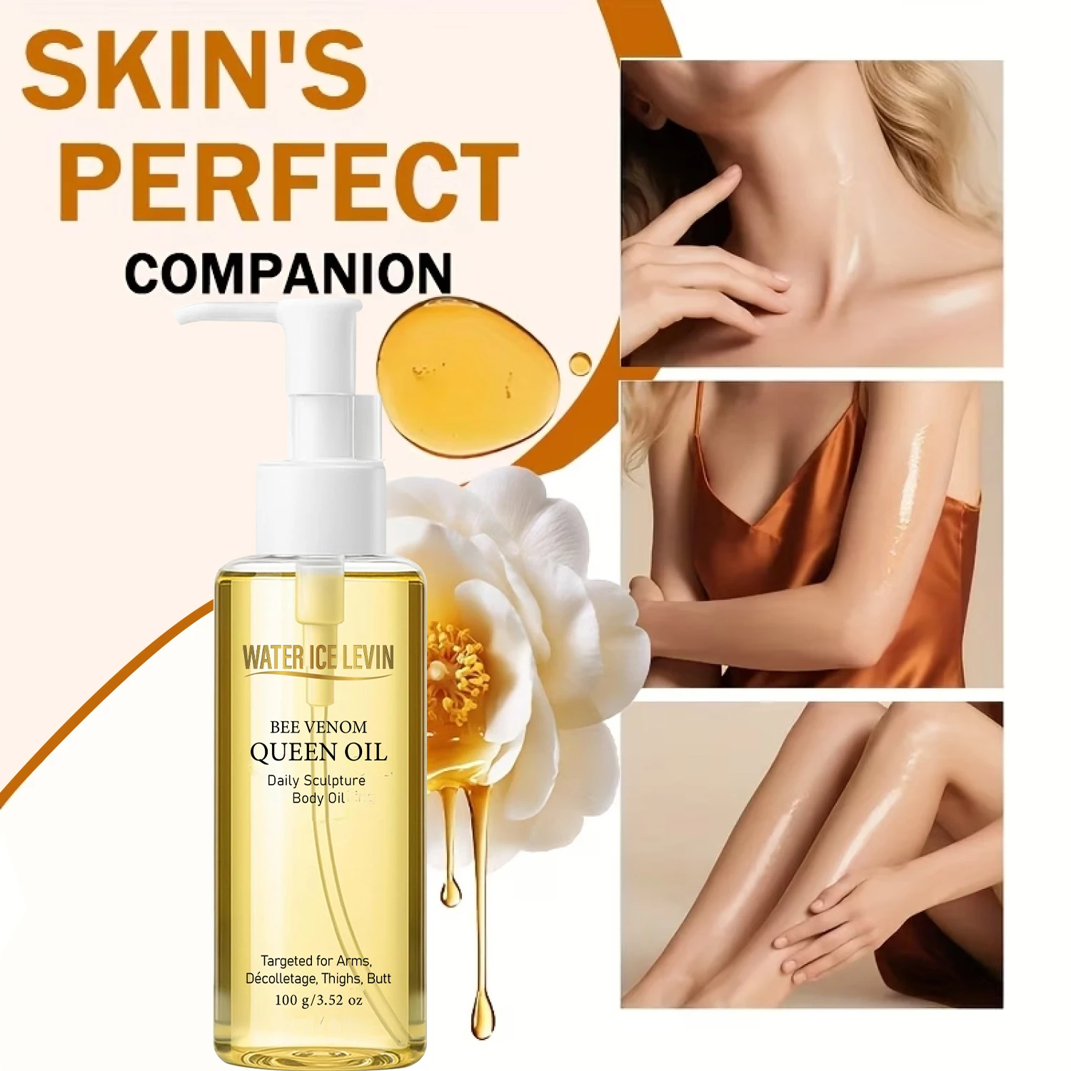 Bee Venom Body Oil 100g with Evening Primrose & Rosehip - Moisturizing Firming Sculpting Oil for Arms, Thighs, & Décolletage