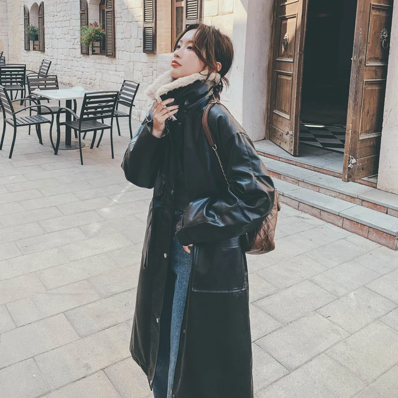 Imitation Fur in one PU Leather Parker Cotton Female Winter 2023 New ins Tide Harbor Style Retro Long Black Women's Coat Commute