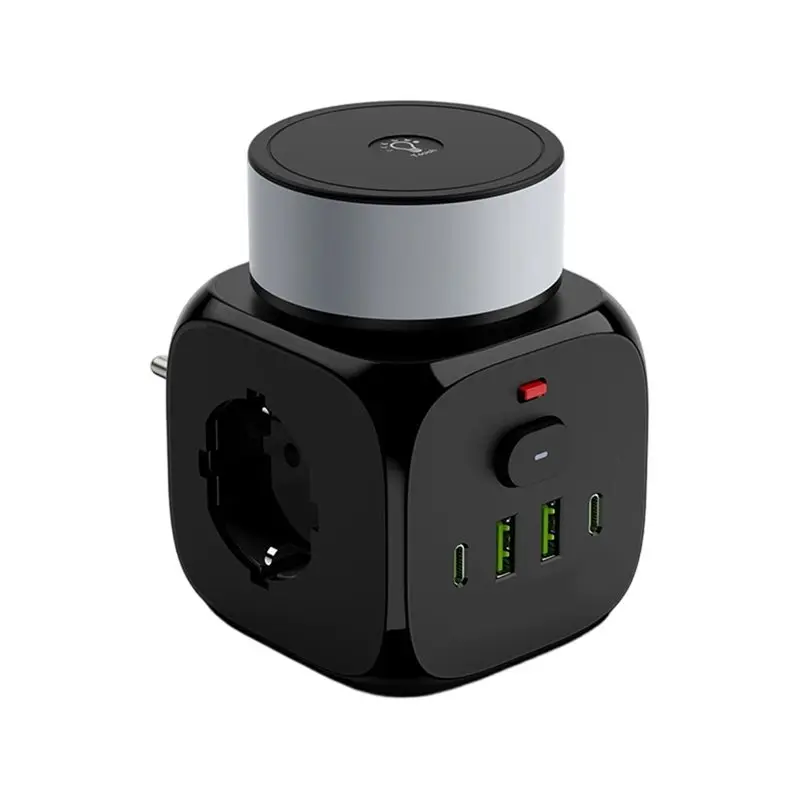 EU Plug Power Strip Wall Socket With 3 AC Outlets 2 USB Ports 2 Type-C Fast Chargers LED Night Light Switch Included