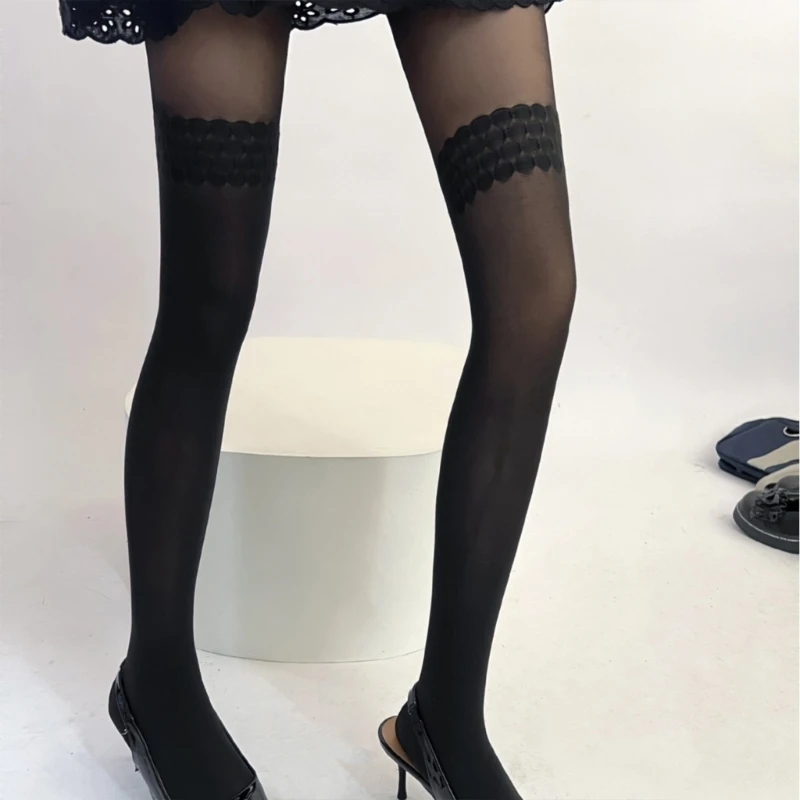 Mock Suspender Tights Women Pantyhose Jacquard Splicing Faux Thigh High Socks