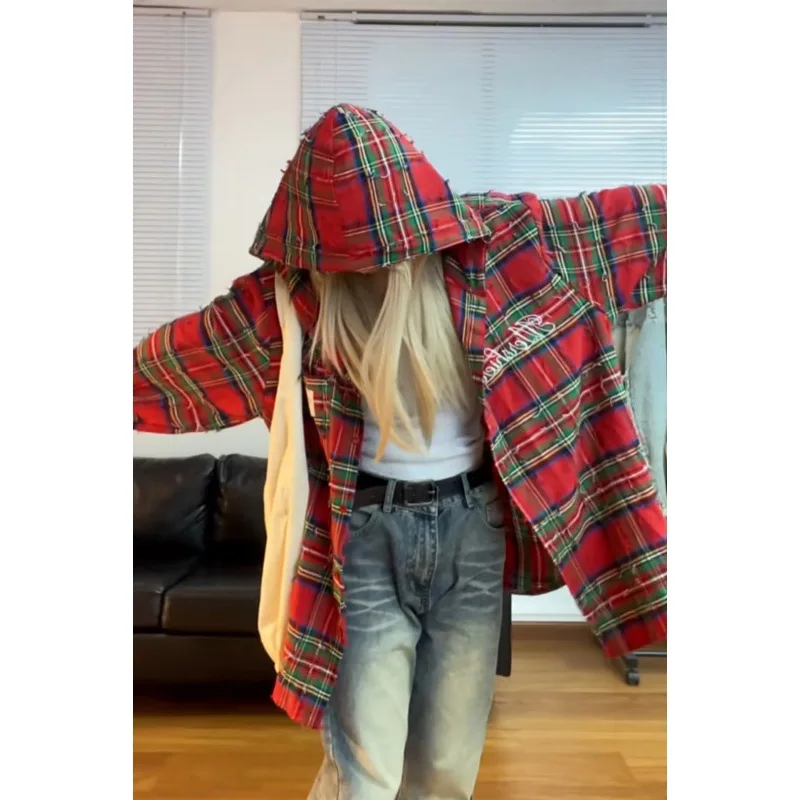 Red Checkered Shirt American Retro Christmas Loose Fit Distressed Hooded Long Sleeved Shirt Autumn Winter Versatile Jacket