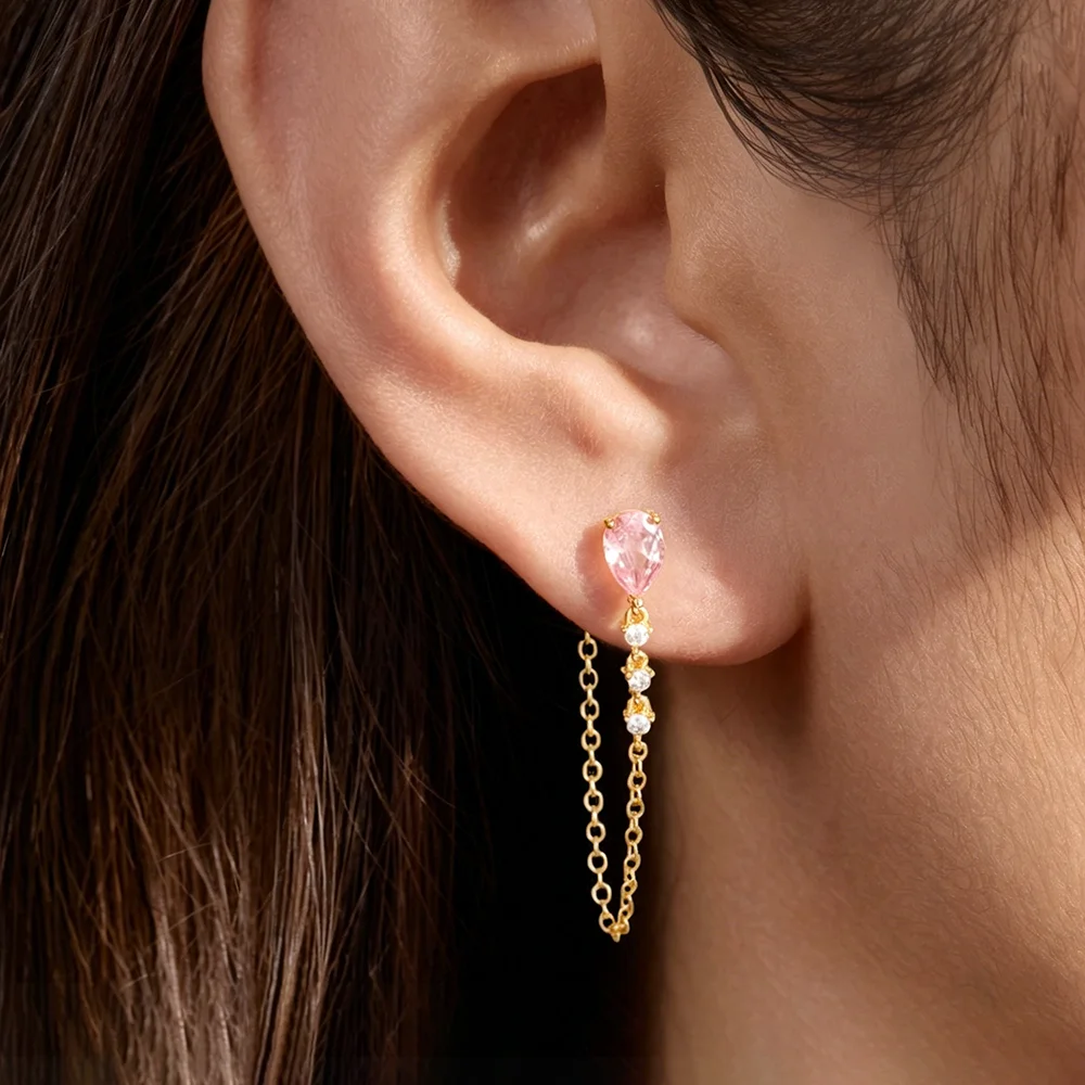 Image of 2 Stück modische geometrische Quasten-Ketten-Anhänger-Ohrringe für Damen, 14 Karat vergoldet, rosa Zirkonia, ästhetischer Schmuck, Aretes