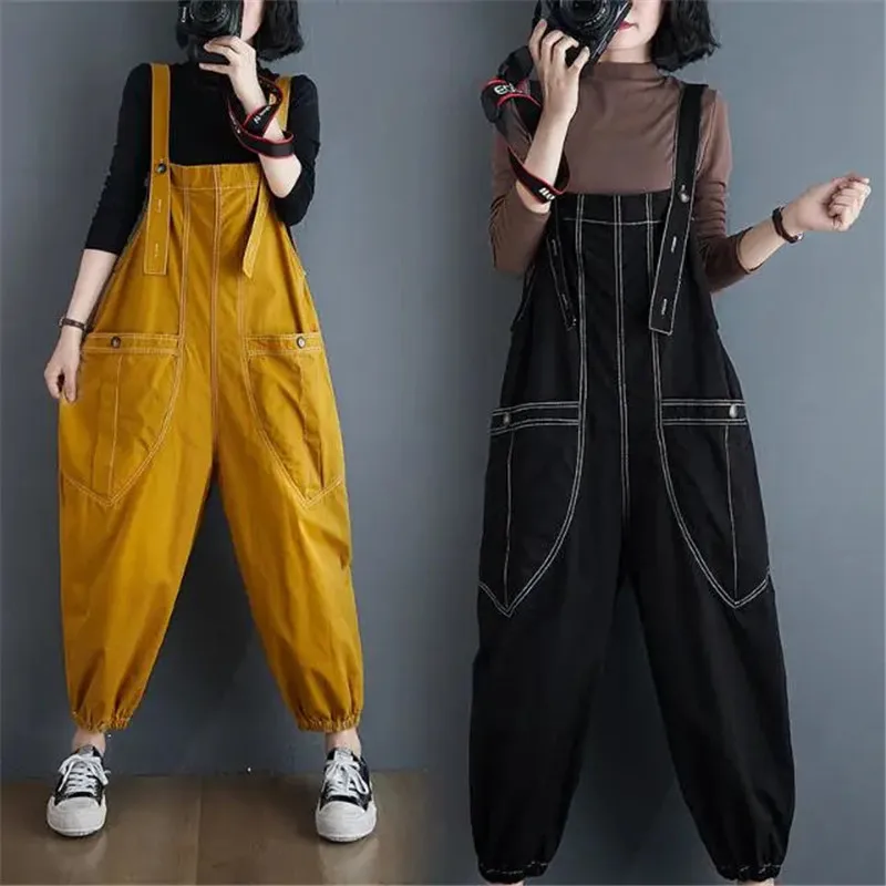 

2023 New Fashion Loose Pocket Jumpsuit Women Autumn Bib Pants Overalls Shoulder Strap Overalls Large Size Casual Retro Rompers