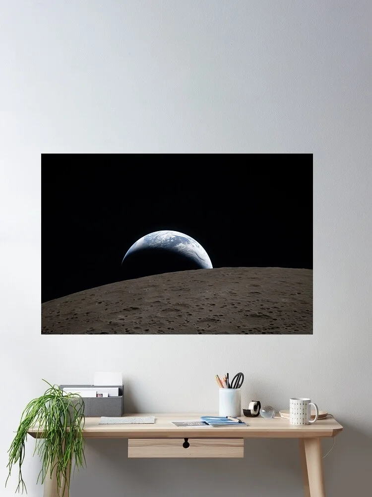 Earthset Earth Crescent Dark Side Moon Artemis, Art Print Canvas Poster, Living Room Decor, Home Wall Picture