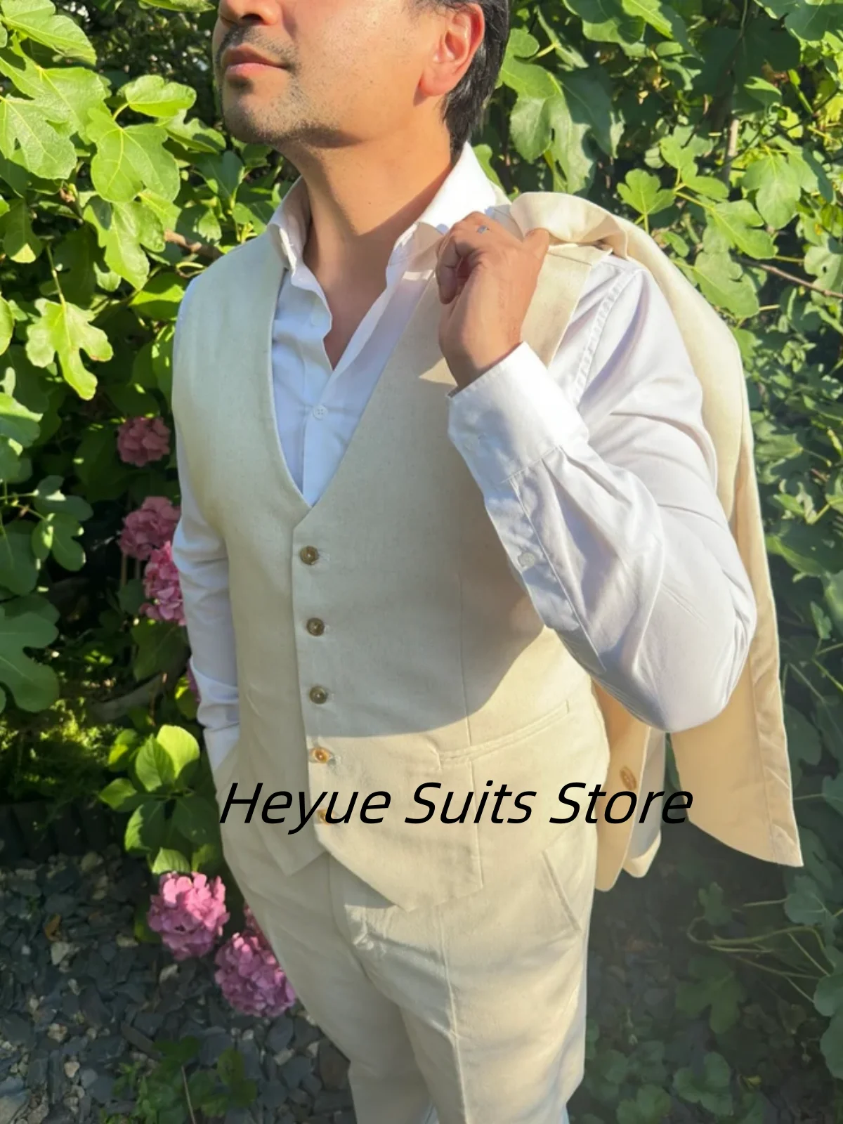 High End Suit For Men Linen Cream GroomTuxedos Wedding Party 3 Pieces Sets Male Blazers Beach Casual Business pantalones hombre