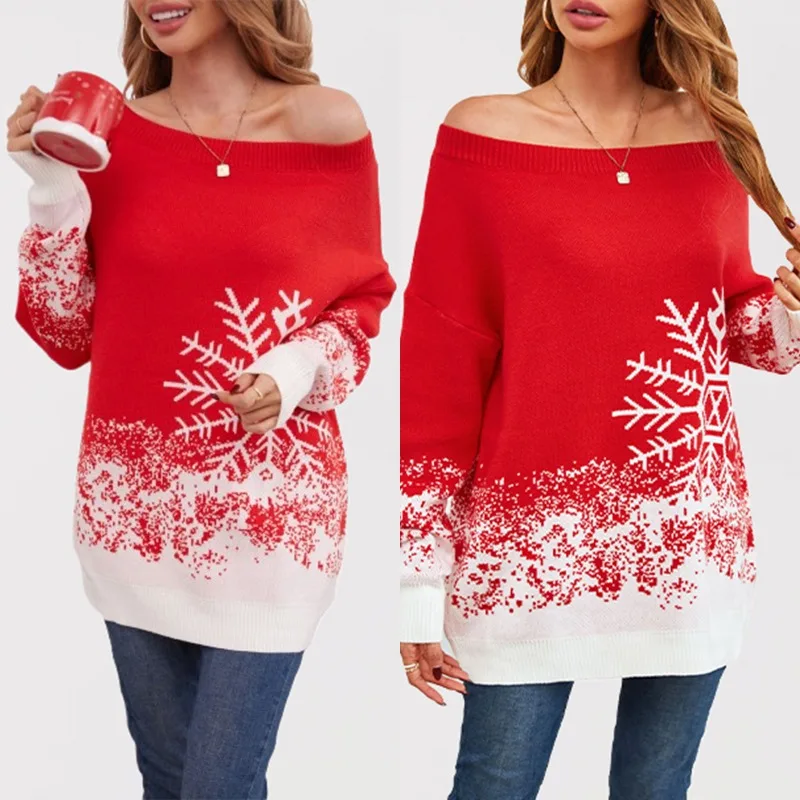 

2025 New Fall and Winter Women's Snowflake Christmas Color-blocking One-Line Sweater Christmas Large Size