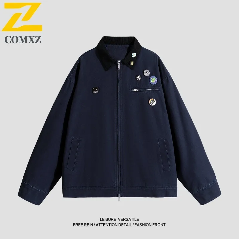 

COMXZ 2025 Streetwear American Vintage Workwear Washed Distressed Jacket Coat Loose Top Trendy Autumn Lightweight Windbreaker