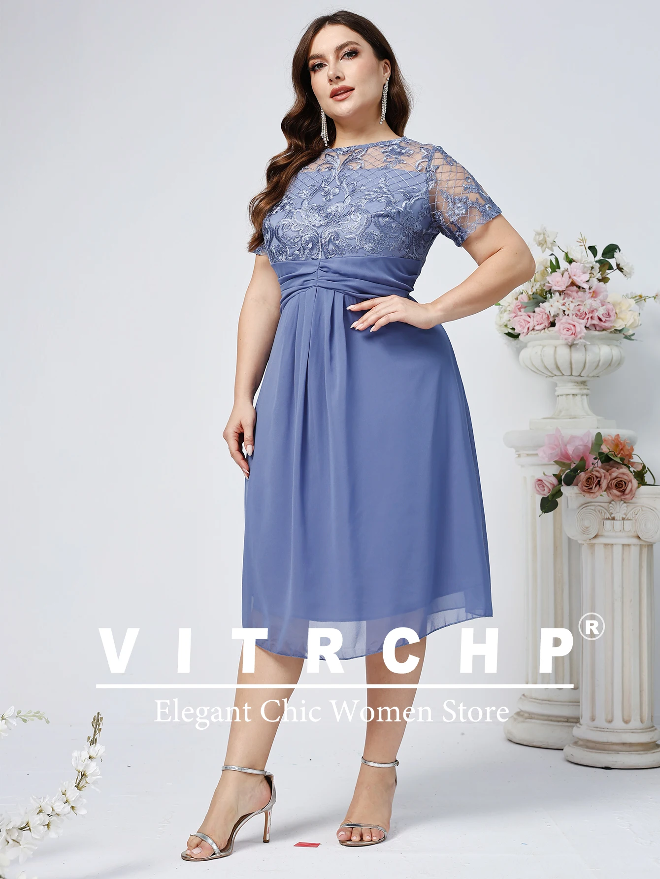 Plus Size Wedding Guest Dresses Women O Neck Lace Short Sleeve Elegant Party Dresses Fashion Solid Color Evening Dress