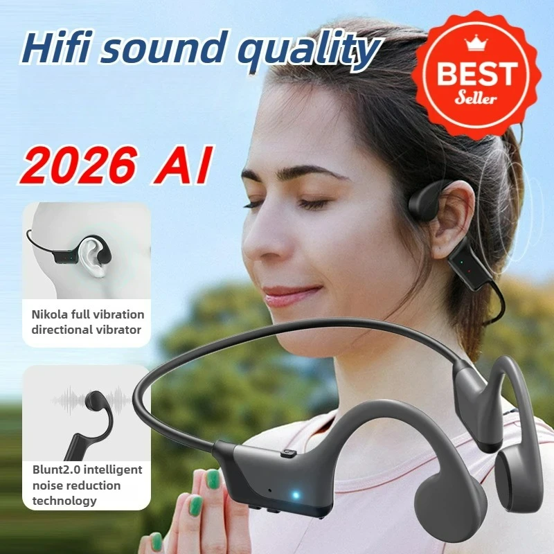 

2026 New AI Bone Conduction Headphones Wireless Bluetooth Sport Open Ear Headset with Mic 20H Play Waterproof for Running Gym