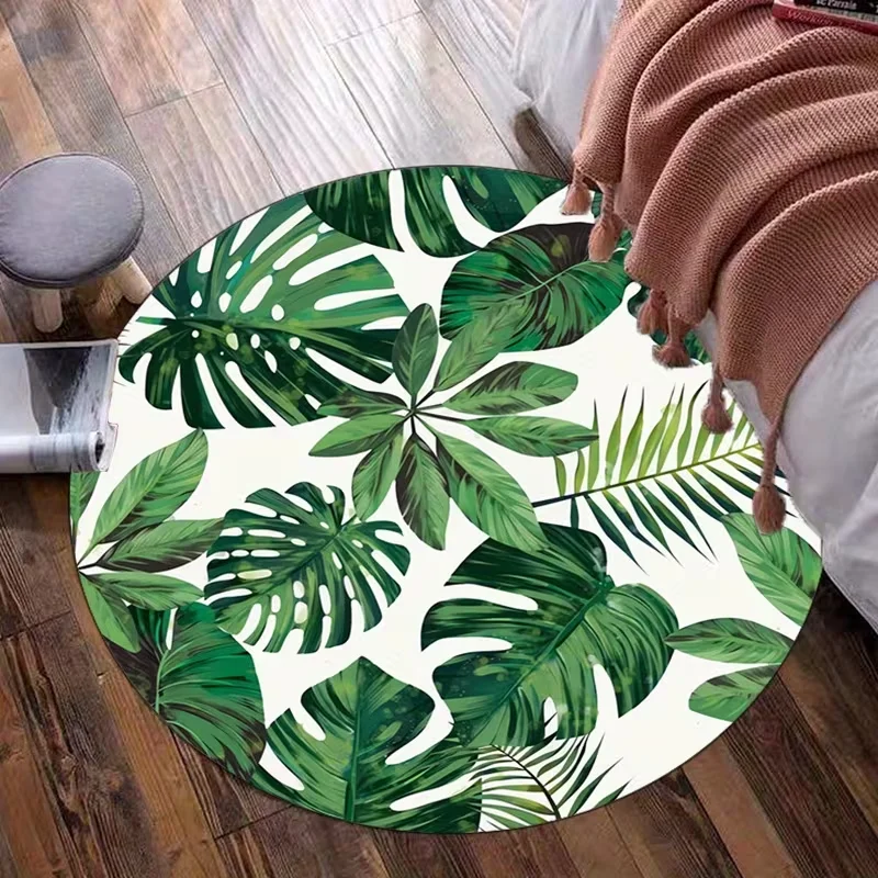 Round Tropical Green Monstera Leaf Area Rug Jungle Palm Foliage Pattern Decor Carpet For Living Room Balcony Boho Home Decor