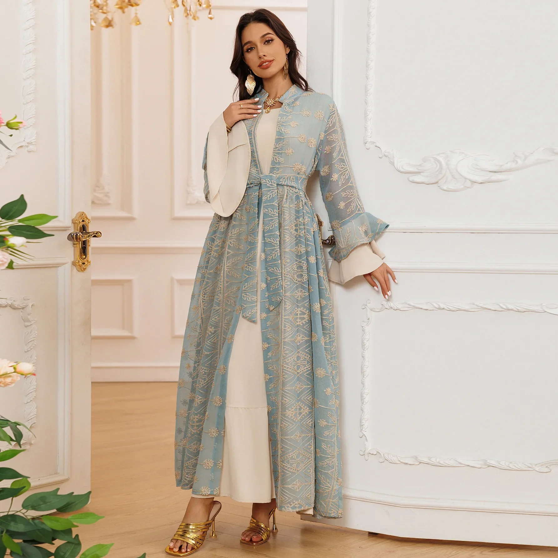 The Two-piece Set of 2024 Autumn Women's Clothing, Including A Long Dress with Flared Sleeves and An Embroidered Cardigan.