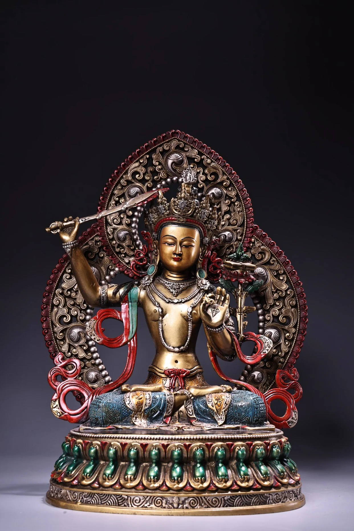 Treasures, old collections, Tibetan craftsmanship, high relief carving, painted painting, bronze statue of Manjushri Bodhisattva