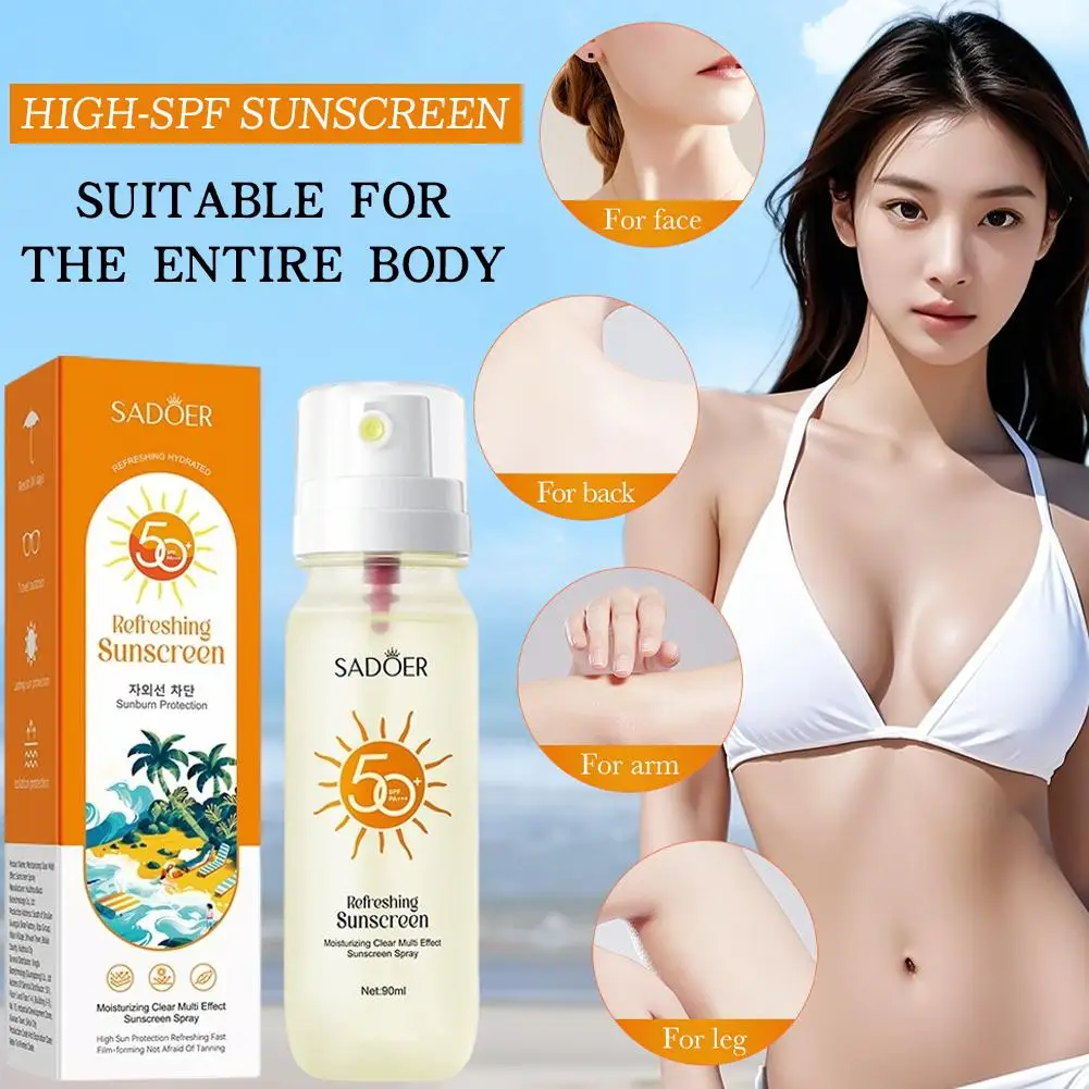 Protector Solar en Spray SADOER SPF50+ 90ml, Refrescante, Hidratante, Protección UV Transparente, No Grasoso, para Rostro y Cuerpo