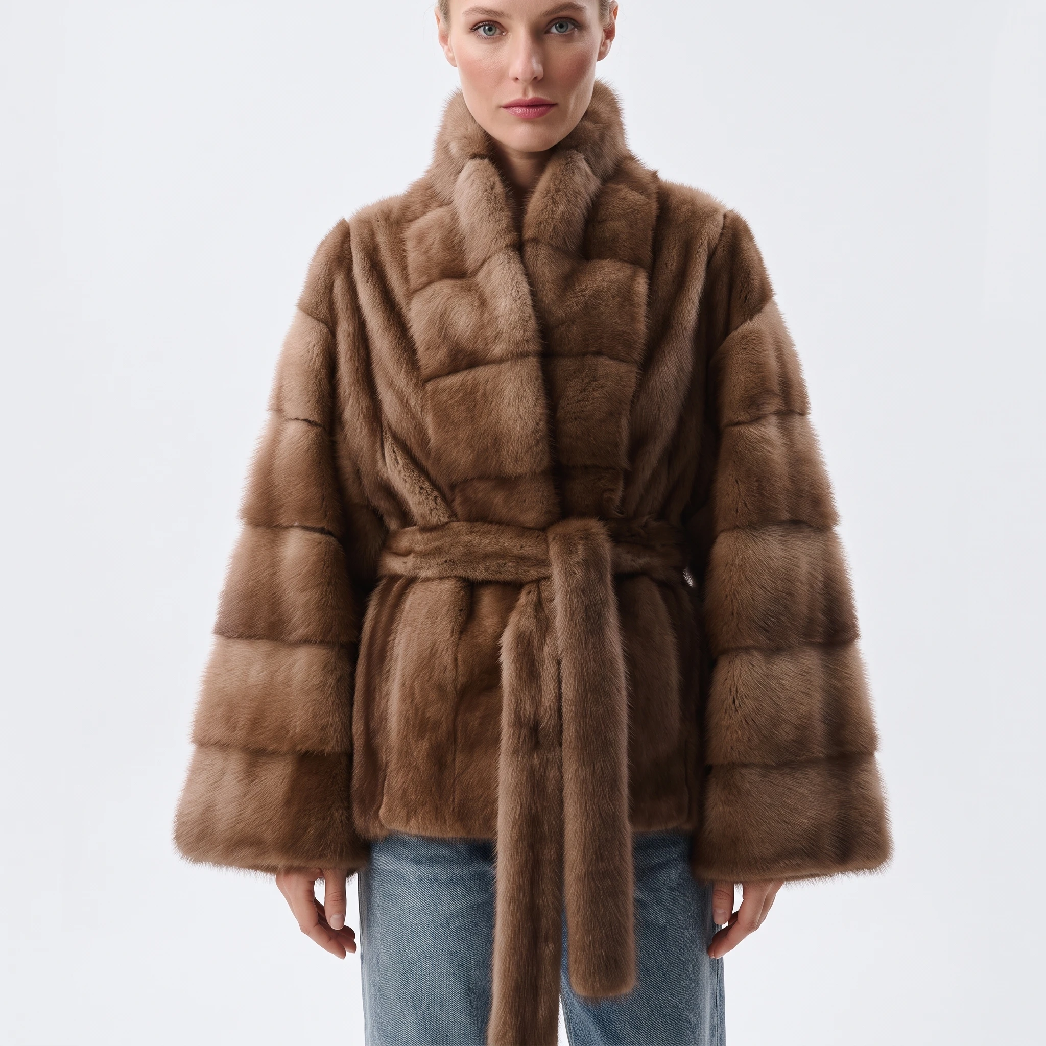 IG 2026 Women Stand Collar Belted Waist Faux Mink Fur Jacket Loose Long Sleeve Luxury Elegant Winter Party Daily Outer Coat
