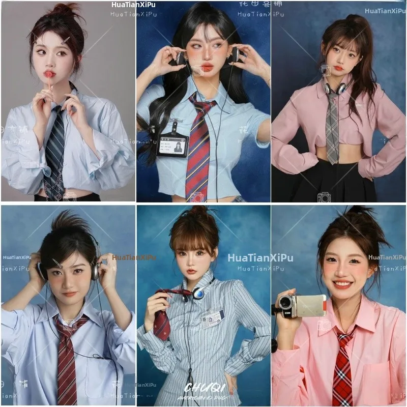 

Sweet Cool American Style ID Card Photo Uniform JK School Uniform Theme Photography Costume for Young Women 18-25 Years Old