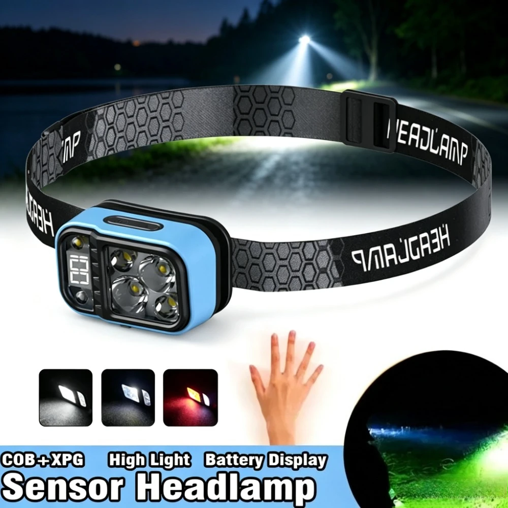 Bright Rechargeable Headlamp XPG+COB LED with Motion Sensor and Battery Indicator Waterproof Head Torch for Outdoor Emergency