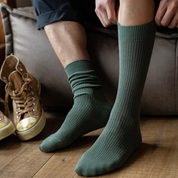 Japanese Casual Korea Loose CHAOZHU Long Men Socks Double Needles Cotton Knitting Business Daily Basic Solid Colors Sox For Men