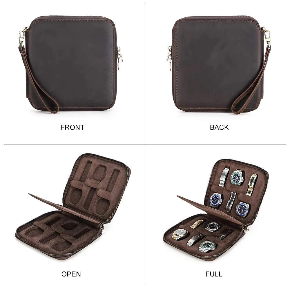 2/4/6 Slots Watch Storage Box Carry Case Watches Display Organizer Watch Box Holder Display Genuine Leather Zipper Watches Case - view 5