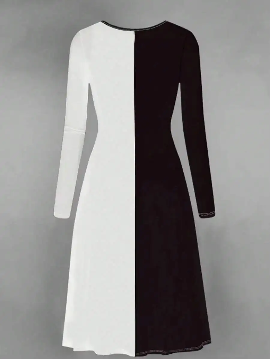 

Womens Long Sleeve Color Block Dress Black And White Casual A-Line Dress For Theme Parties