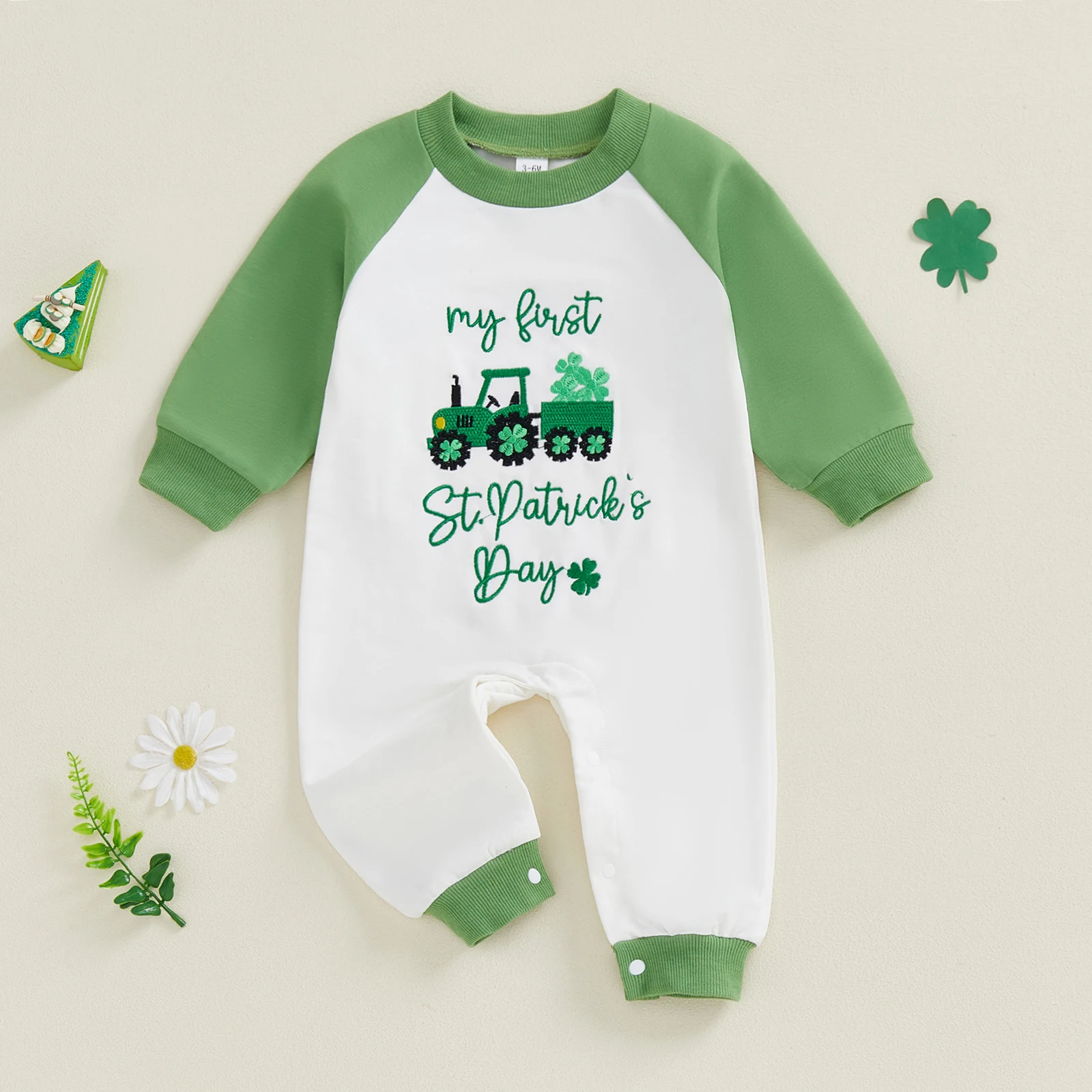 Baby Boy Irish Sweatshirt Romper Clover Truck Letter Embroidered Long Raglan Sleeve Jumpsuit Casual Spring Clothes