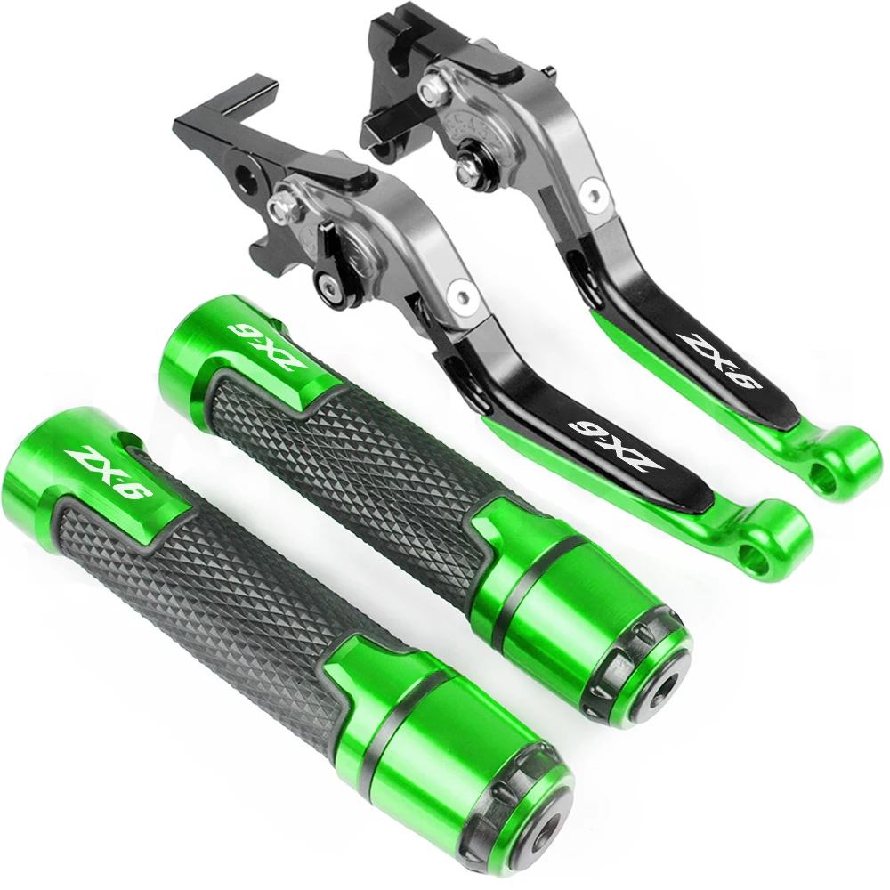 ZX6R LOGO Motorcycle Extendable Brake Clutch Levers Handle Handlebar Grips For Kawasaki ZX-6R ZX6RRR 2000 2001 2002 2003 2004