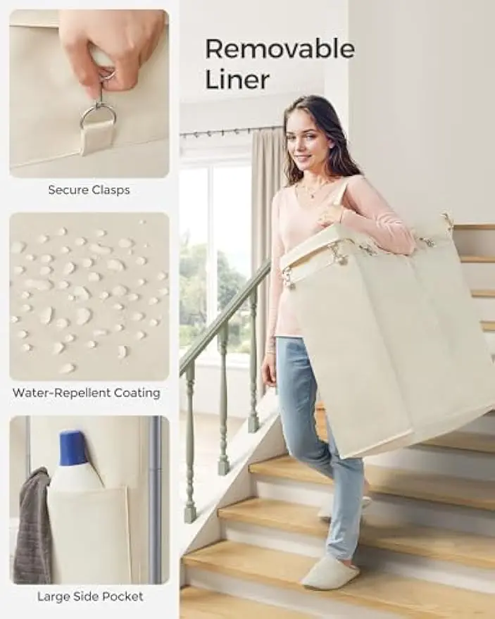 2-Section Rolling Laundry Hamper with Wheels, Removable Liner, Steel Frame, 37 Gallons Cream White