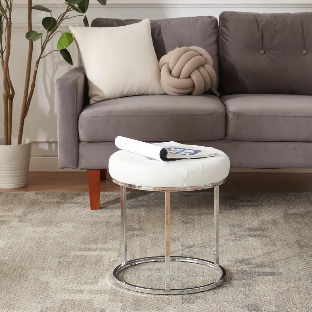 

Faux Leather Ottoman Stool, Vanity Chair Button Tufted Footrest Stool Makeup Stool with Metal Base for Living Room Bedroom