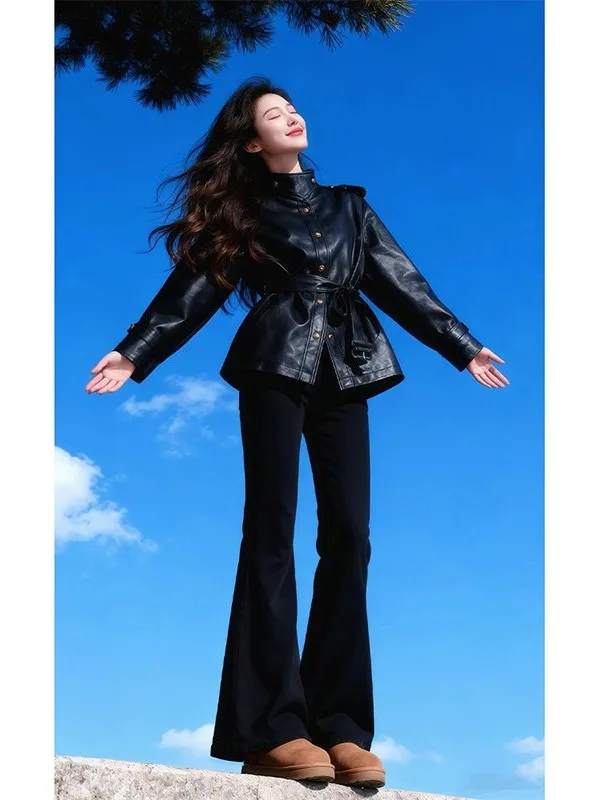 Elegant Black Long Sleeve Waist-Cinched Belted Leather Jacket Women's Fashion Spring Autumn New Button Beautiful Top