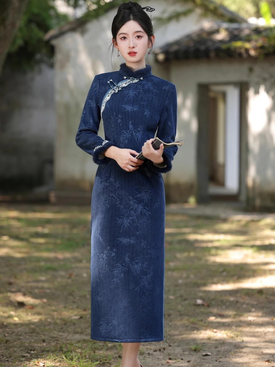 Ele Thiened Fce Young Sle Version améliorée hiver Vintage minceur Qipao Dr motif Floral Long Sve Long Dr