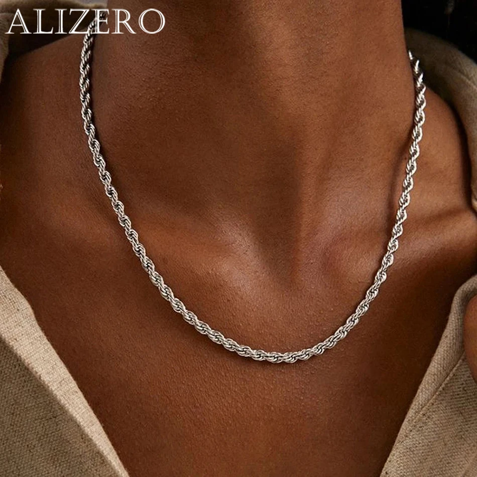 

ALIZERO 925 Sterling Silver 4MM Rope Chain Necklaces For Women Men Fashion Hip Hop Party Punk Necklace Jewelry Wholesale