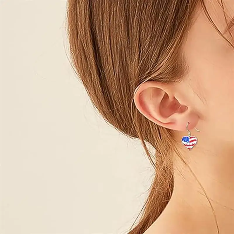 Huitan Enamel Heart Drop Earrings for Women Independence Day Silver Color Accessories American Flag Fourth of July Lady Jewelry