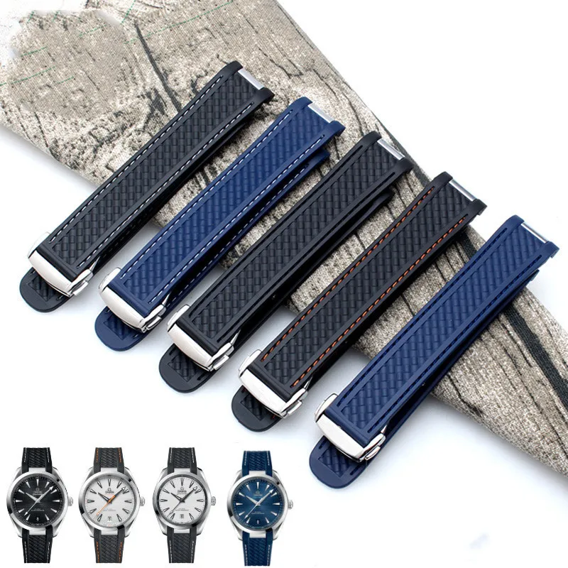 

For Omega AT150 Seamaster 300 AQUA TERRA Diving watches straps Black Blue Silicone Watch Strap 20mm Rubber Watchband bracelet